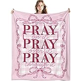 LIANGW Pink Christian Blanket, Coquette Pink Bow Bible Verse Throw Blankets for Girly Room Bedroom Dorm Couch Bed Decor, Preppy Religious Scripture Blanket, Christian Gifts for Women, 50x60 Inch