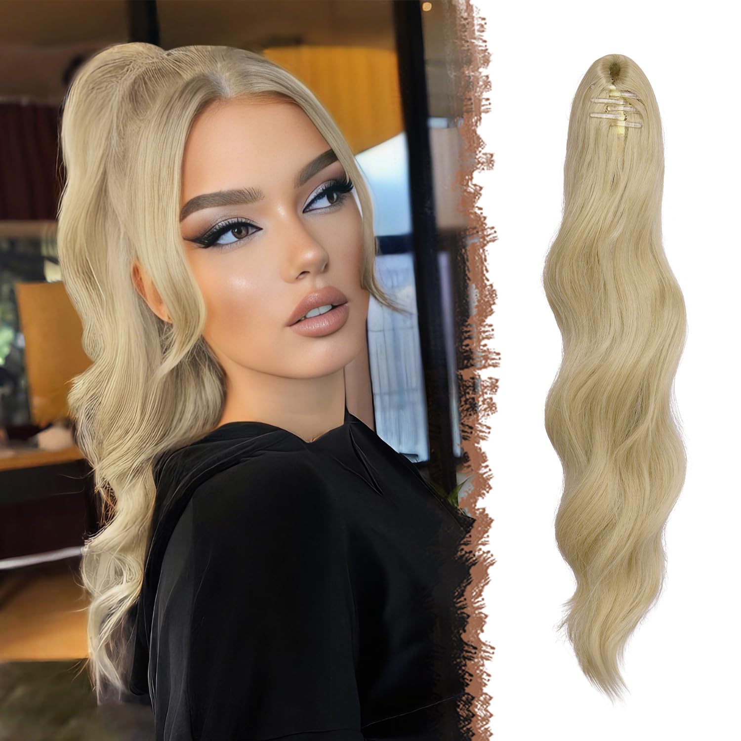 FESHFEN Ponytail Extensions 20 inch Long Wave Ponytail Claw Clip in Pony Tail Hair Extensions Wavy Ponytails with Claw Clip Synthetic Hairpieces for Women Girls Ash Blonde
