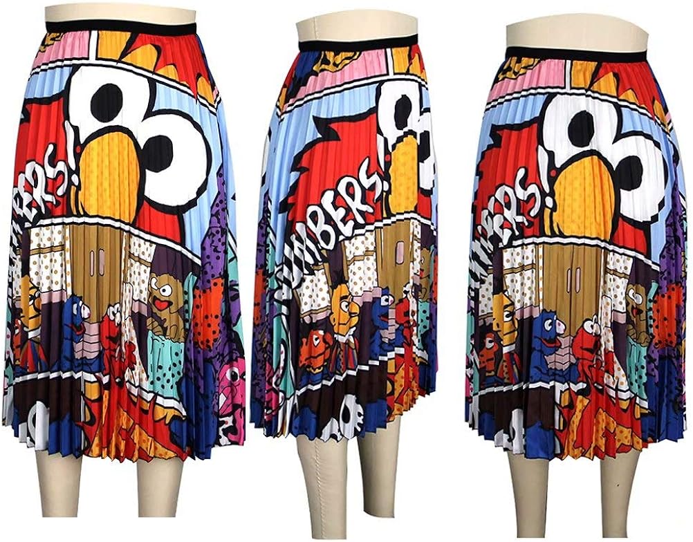 ThusFar Women's Graffiti Pleated Skirts Cartoon Printed Elastic Waist A-Line Swing Midi Skirt: Clothing