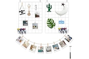 FUNLAX Wire Photo Wall, Set of 2 Wire Wall Grid Panels, Grid Decor Photo Display 15.7 × 11.8 Inches Wall Storage Organizer Hanging Picture with Sticky Hook, Iron Clip, Bamboo Clip, Hemp Cord