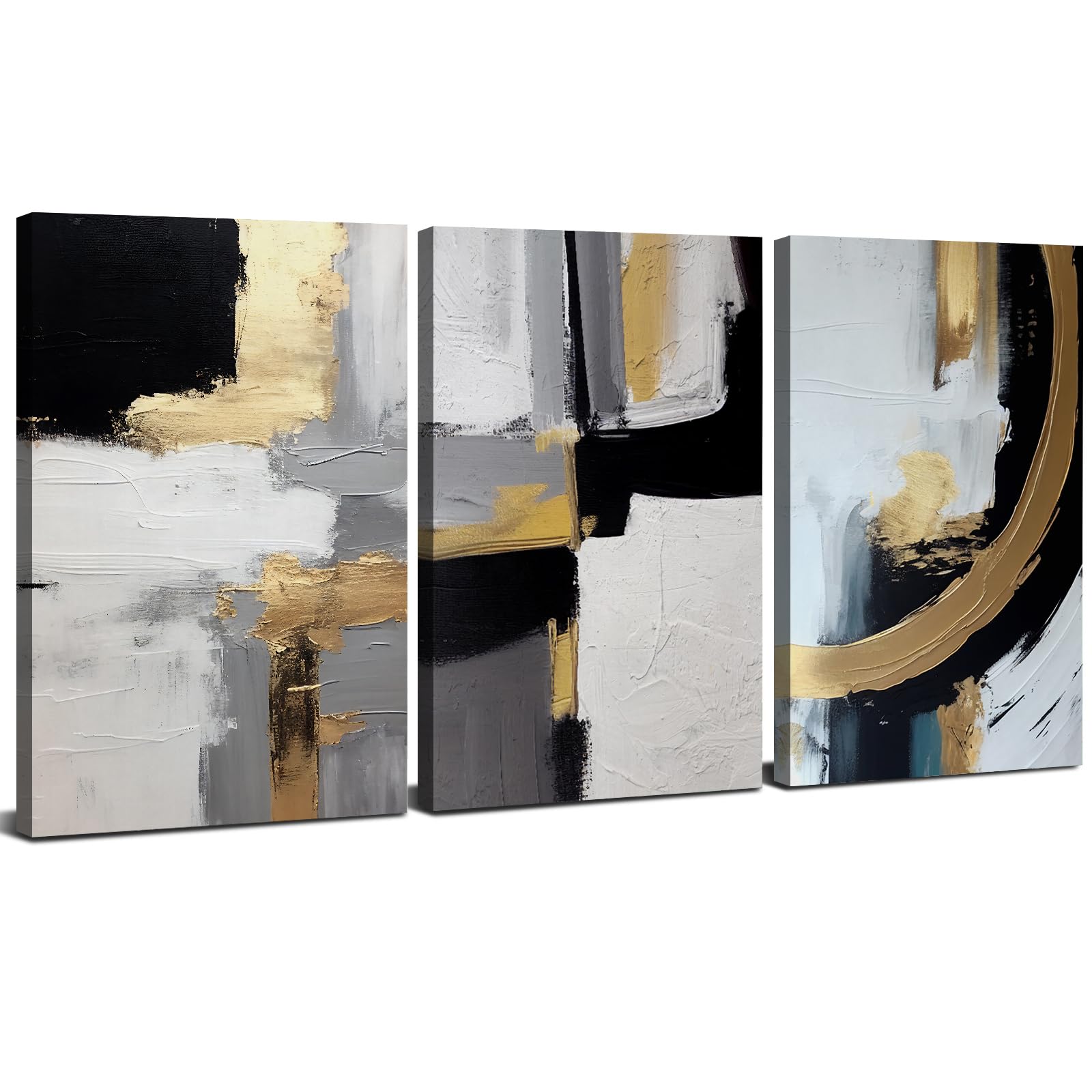 Set of 3 Abstract Wall Art Grey and Gold Canvas Wall Art Neutral Abstract Framed Wall Prints Black and White Living Room Wall Decor Modern Abstract Pictures for Hallway Office Home Decoration 30x40cm