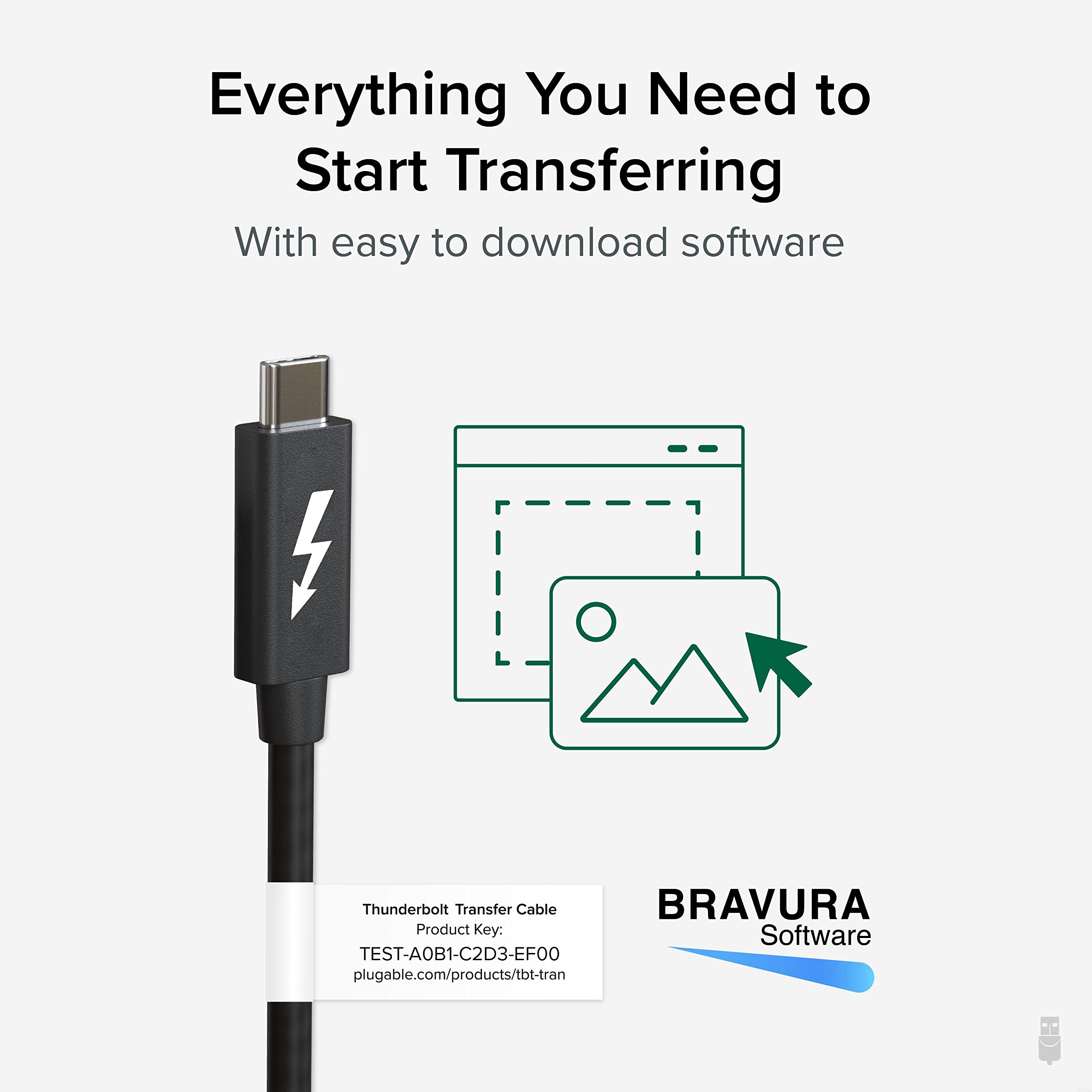 Plugable Windows Transfer Cable 6.6ft (2m), Thunderbolt 10Gbps, Bundled with Bravura Software for Windows PC to PC Migration - Unlimited Uses. Works Between Thunderbolt, USB4 PCs