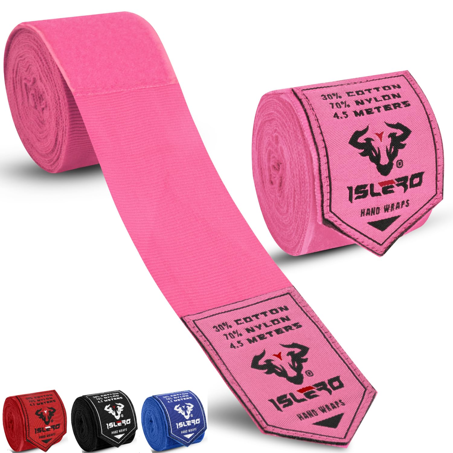 Islero 4.5m Boxing Hand Wraps Inner Gloves Elasticated Fabric Thumb Loop Bandages Straps Wrist Protection Muay Thai MMA Kickboxing Martial Arts Speed Bag Punching Training (Pink)
