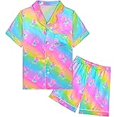 Nidoul Girls Pajamas Satin Short Sleeve Button Down Silky Pjs Girls' Sleepwear Set for Toddler Kids 3T-10Y