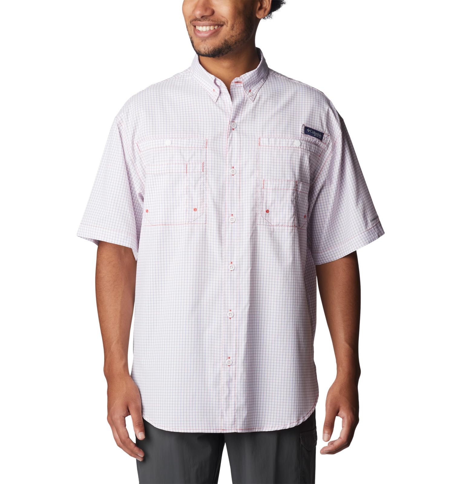 Columbia Men’s PFG Super Tamiami Short Sleeve Fishing Shirt, Sunset Red Multi Gingham, X-Small