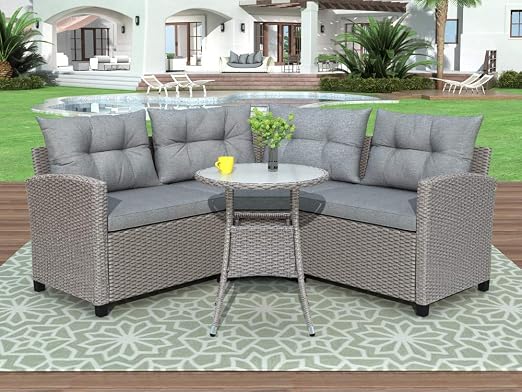 Amazon Com 4 Piece Resin Wicker Patio Furniture Set With Round Table Gray Cushions Home Kitchen