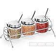 onlyfire Condiment Jar Spice Container with Lids, Stainless Steel Serving Spoons, Base Rack and Labels - Glass Seasoning Bottles Kitchen Accessories | Set of 3