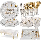 Nkaiso Birthday Party Tableware, 161 Pieces White Gold Party Supplies, Party Dinnerware Sets Include Paper Plates Napkins Cups Silverware, for Shower Engagement Parties Decoration -20 Serves