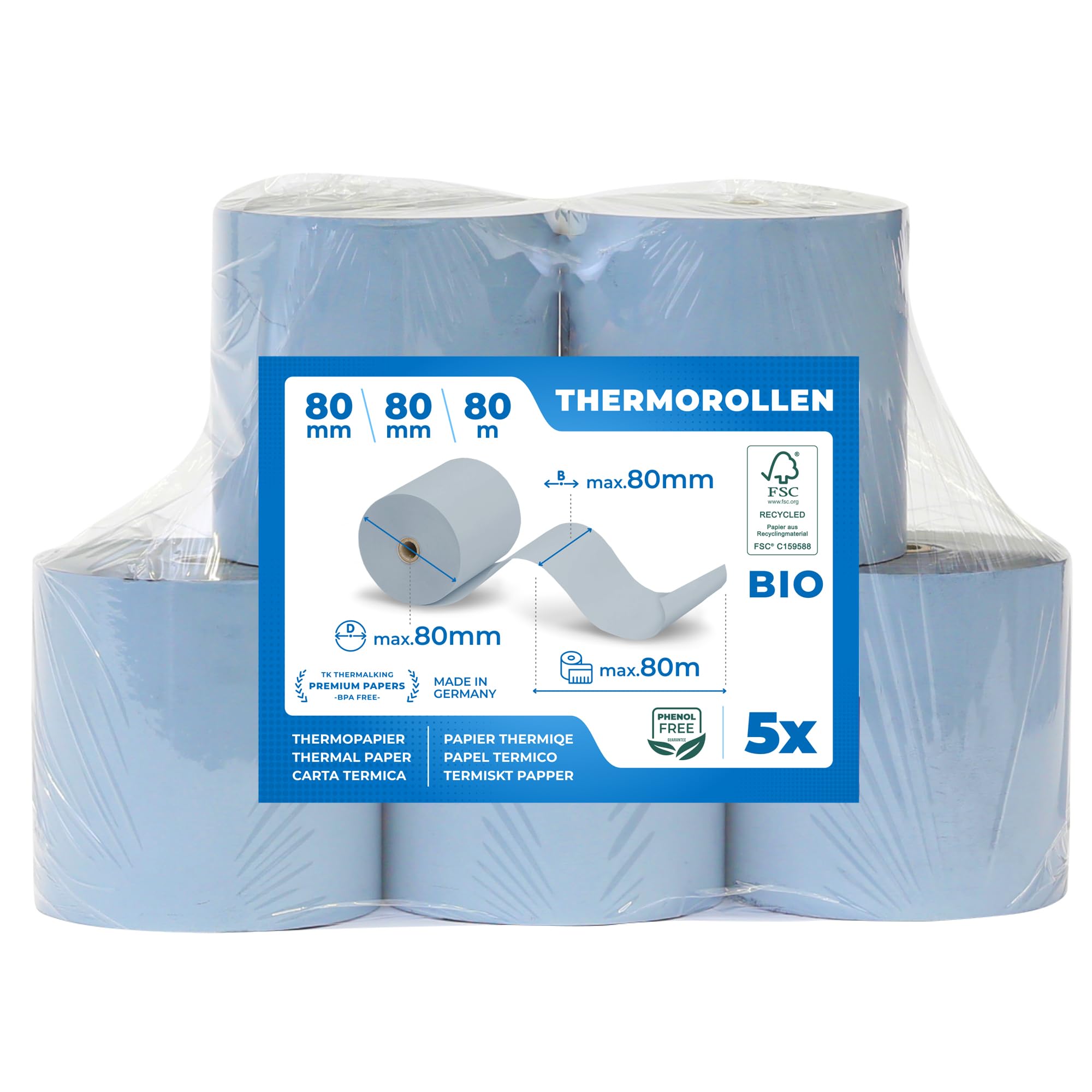 Eco Thermal Rolls 80 mm x 80 mm x 12 mm Till Rolls Thermal Paper Phenolic Receipt Rolls (80 80 12) Length: Approx. 80 m (5)