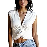 SOLY HUX Women's Deep V Neck Cap Sleeve T Shirt Knot Front Casual Summer Tops