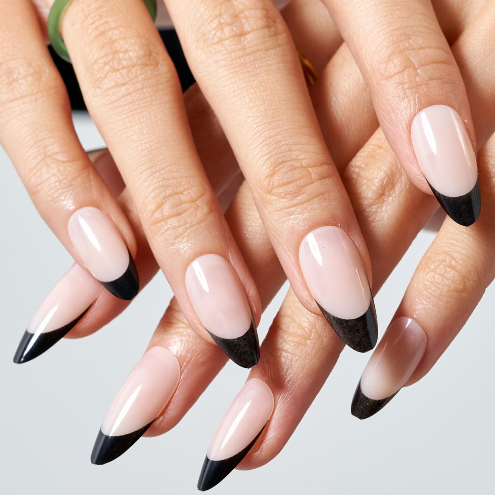 GLAMERMAID Press on Nails Medium Almond, Spring Summer Black French Tip Gel Glue on Nail, 24Pcs Glossy Short Stiletto Reusable UV Finish Fake Nails Acrylic False Nails Manicure Kits for Women - Image 5