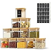 D2scrma 5oz Airtight Square Spice Containers with Bamboo Lid Set of 12 with Black Lables Storage Stackable Spice Jar, Kitchen Canister for Sugar, Tea, Flour, Salt and Seasonings (‎Clear Glass)