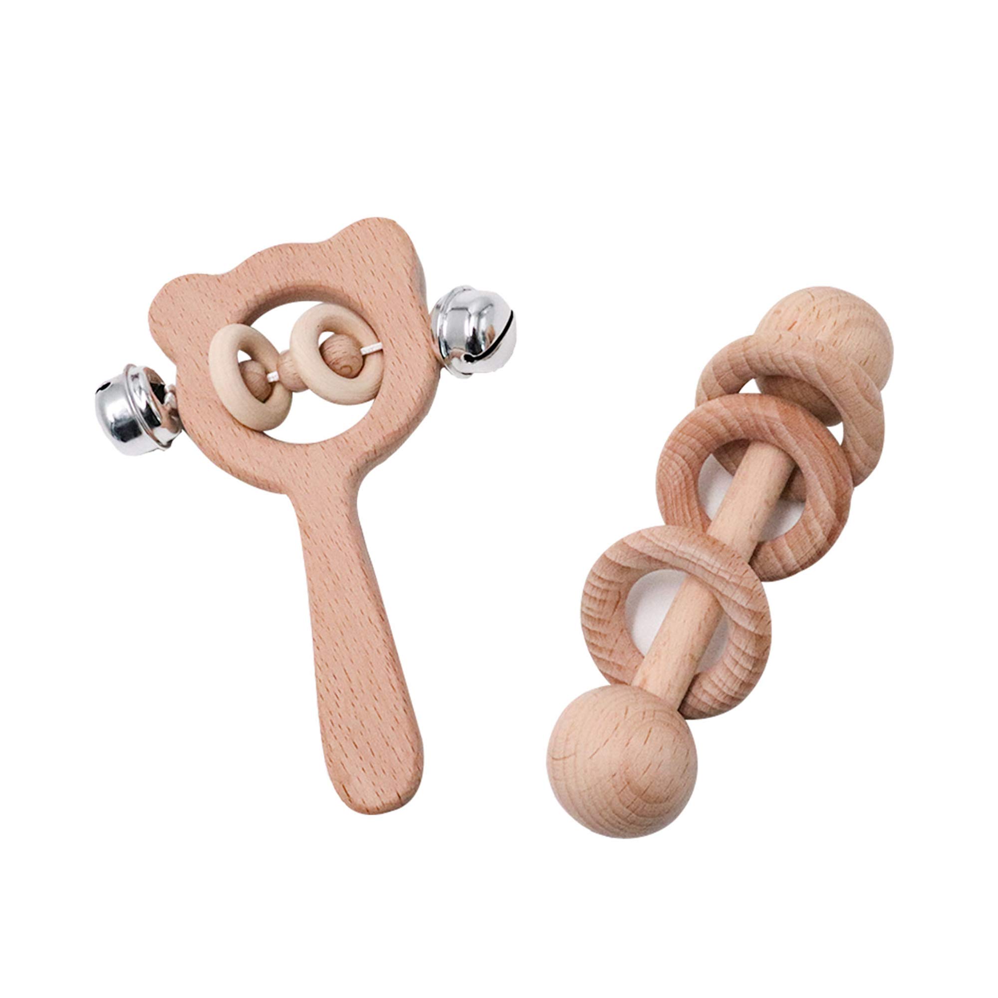 2pcs Organic Wood Montessori Styled Baby Rattles Natural Wooden