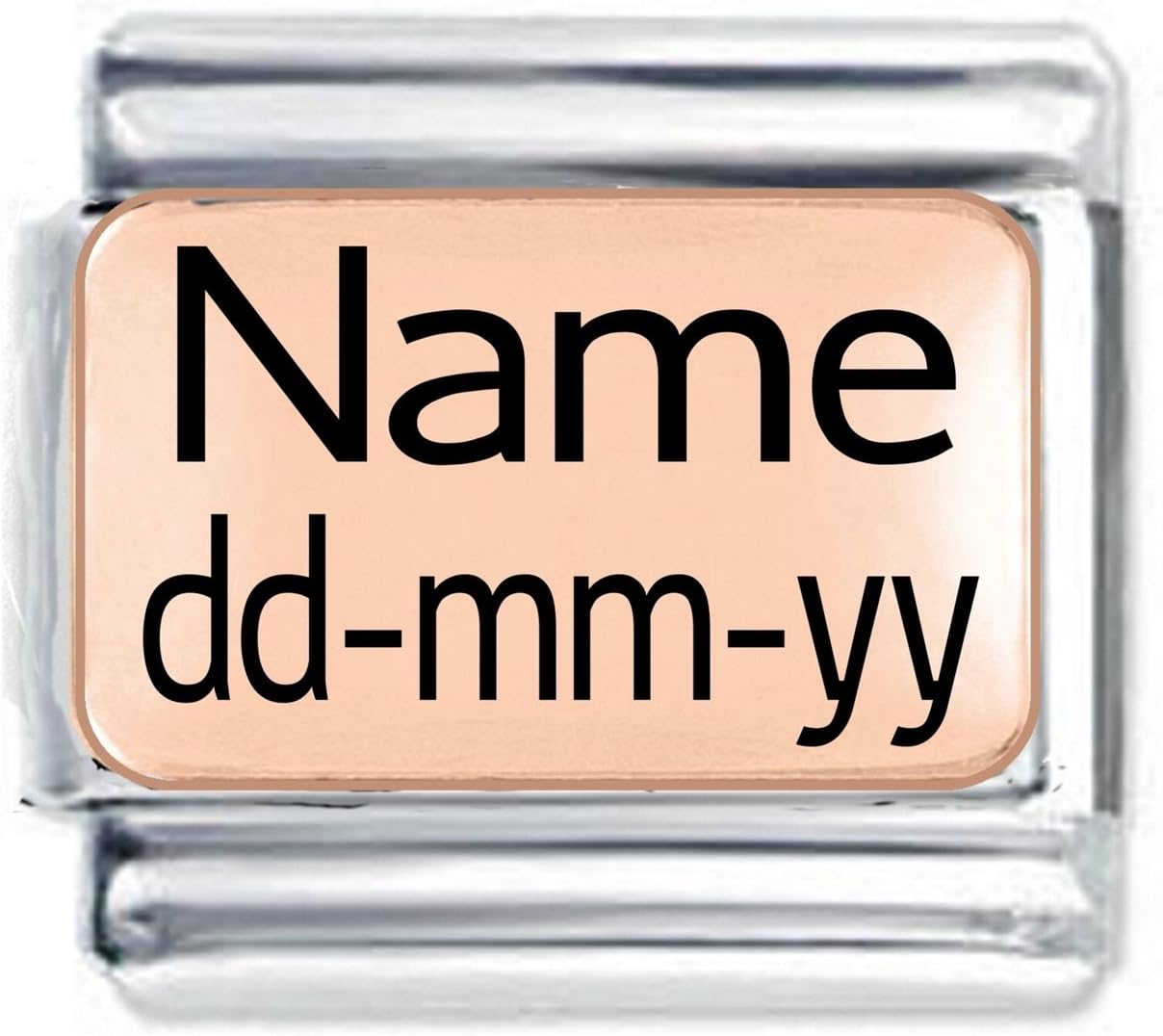 Custom made Name and Date Etched Charm with Rose Plate Finish - fits all 9mm Italian Style Charm Bracelets