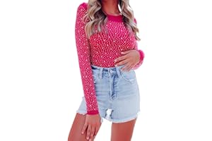 Hotmiss Seamless Long Sleeve Thong Bodysuit for Women Rhinestone Studded Fishnet Tops Thong Shirt