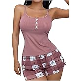 SHENHE Women's Cami Pajama Set 2 Piece Sleeveless Knit Top Plaid Shorts Summer Pjs Loungewear