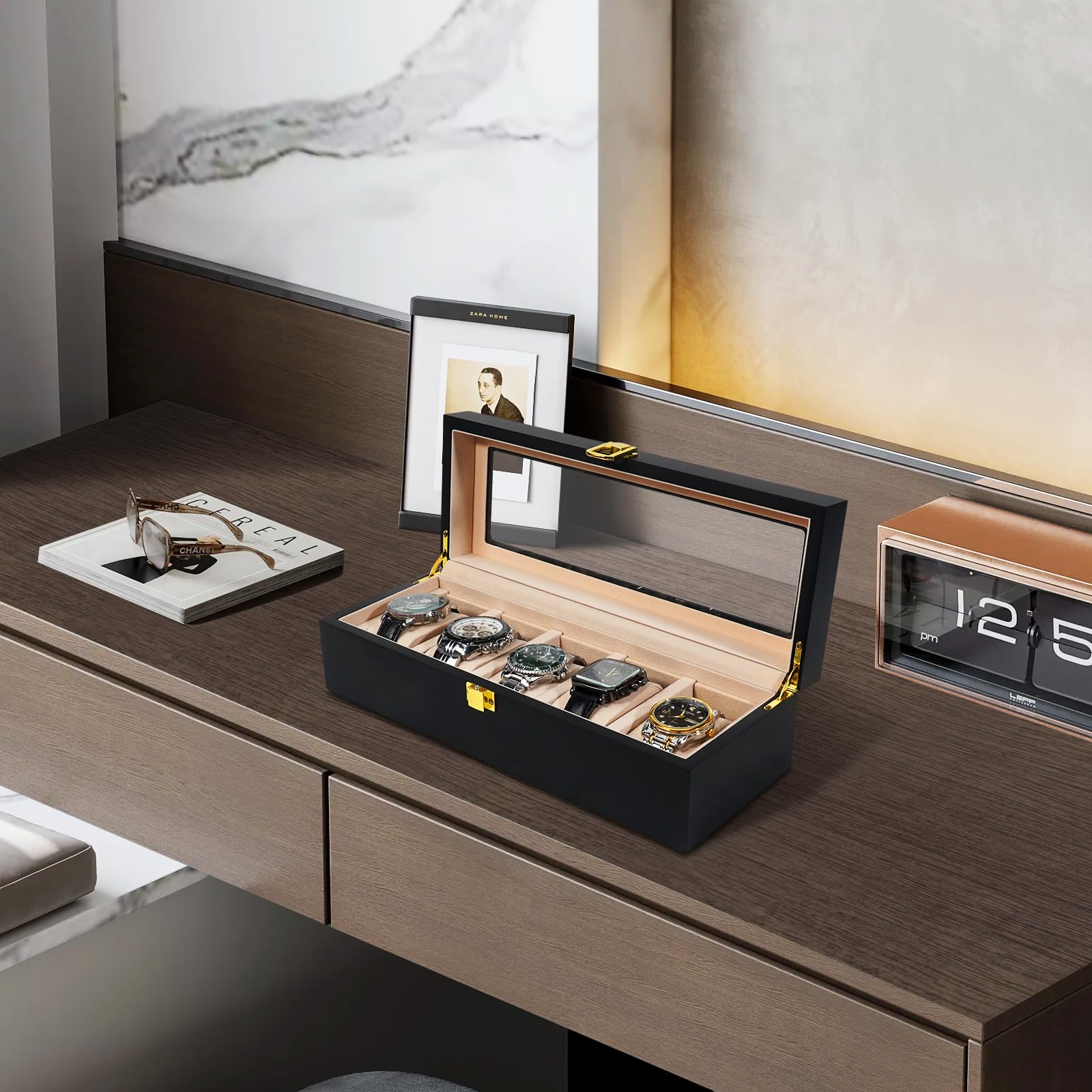 Vockow Wooden Watch Storage Box - 5 Slot Watch Display Case for Men Women | Watch Holder Organizer fit Watches with Dial Size up to 52 mm Black