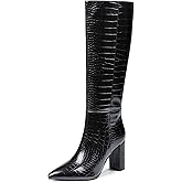 AOSPHIRAYLIAN Knee High Boots Chunky Heel Wide Calf Knee High Boots for Women Pointed Toe with Zipper Block Heel Fashion Dress Womens Shoes