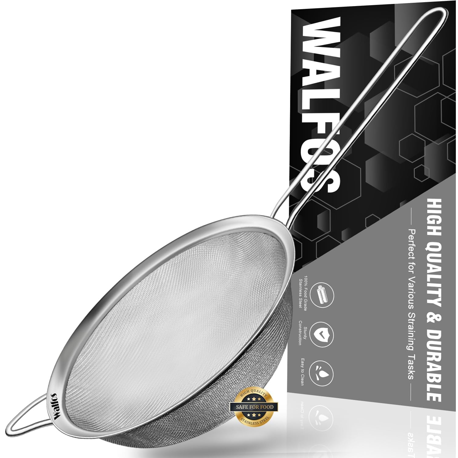 Walfos Fine Mesh Strainers, Premium Stainless Steel Colanders and Sifters, with Reinforced Frame and Sturdy Handle, Perfect for Sift, Strain, Drain and Rinse Vegetables, Pastas and Tea（20cm