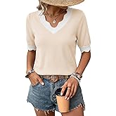 Dokotoo Women's Summer Tops Scalloped V Neck Short Sleeve Sweater Lightweight Color Blocked Knit Business Casual Top