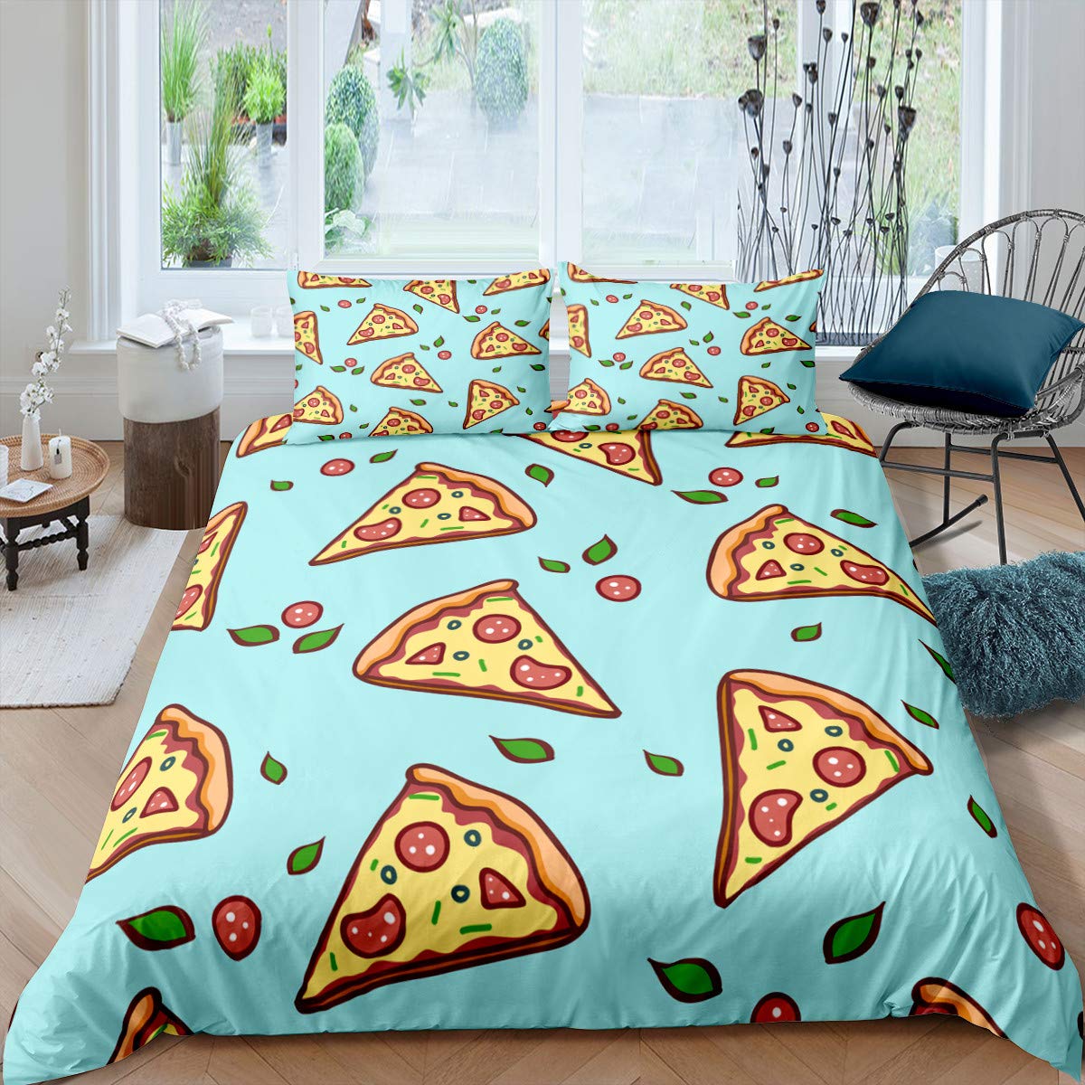 Kids Cartoon Pizza Bedding Set Teens Modern Boho Comforter Cover for Kids Adult Soft Green Yellow Pizza Duvet Cover Bedspread Cover Room Decor Single Size