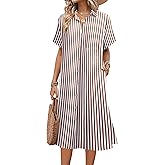 HOTOUCH Womens Dress Summer Casual Midi Short Sleeve Button Down Shirt Dresses Loose Beach Cover Up with Pockets