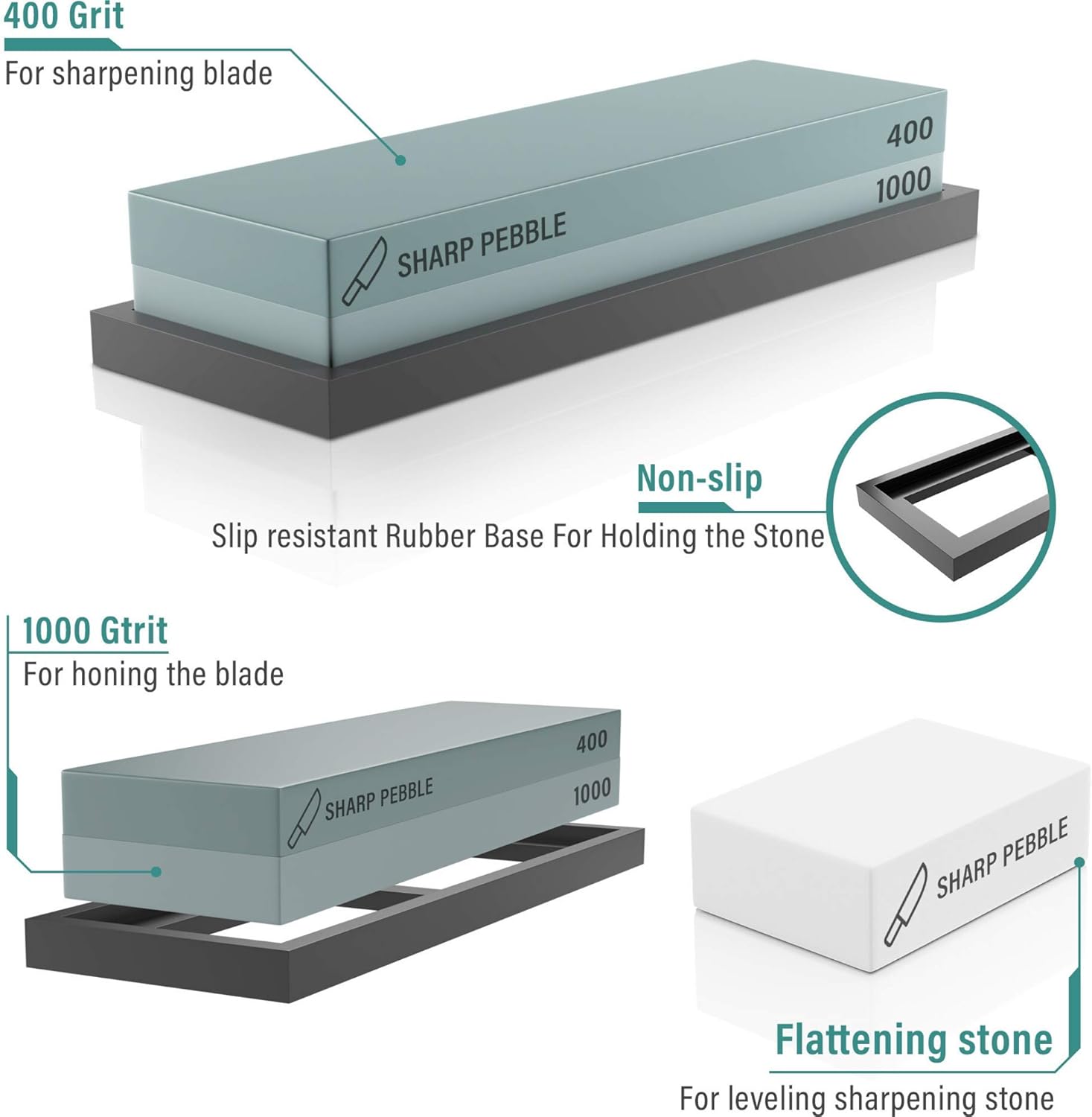 Sharp Pebble Premium Whetstone Sharpening Stone 2 Side Grit 400/1000-Whetstone Knife Sharpener with Flattening Stone & NonSlip Rubber Base - - 