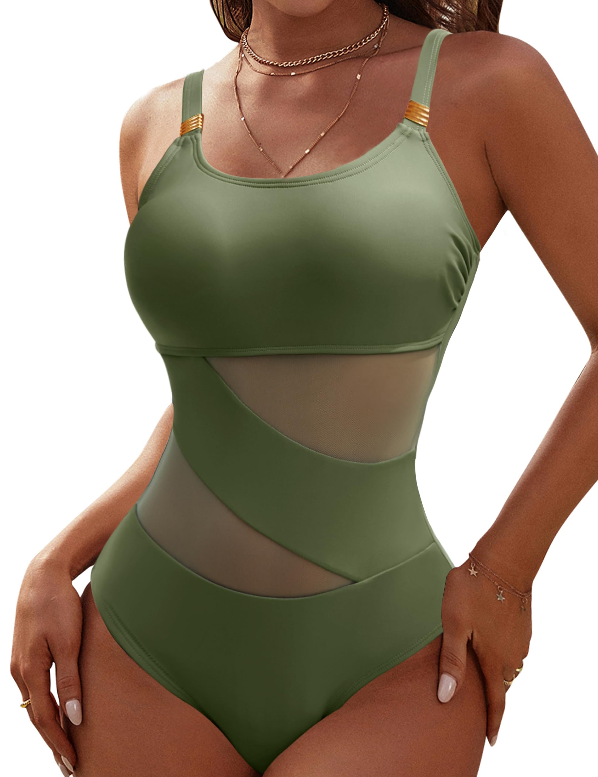 Photo 1 of Blooming Jelly Women's U-Neck Mesh Swimsuit One Piece with Metal Rings and Slimming Bathing Suit 2025 (Medium, Army Green)