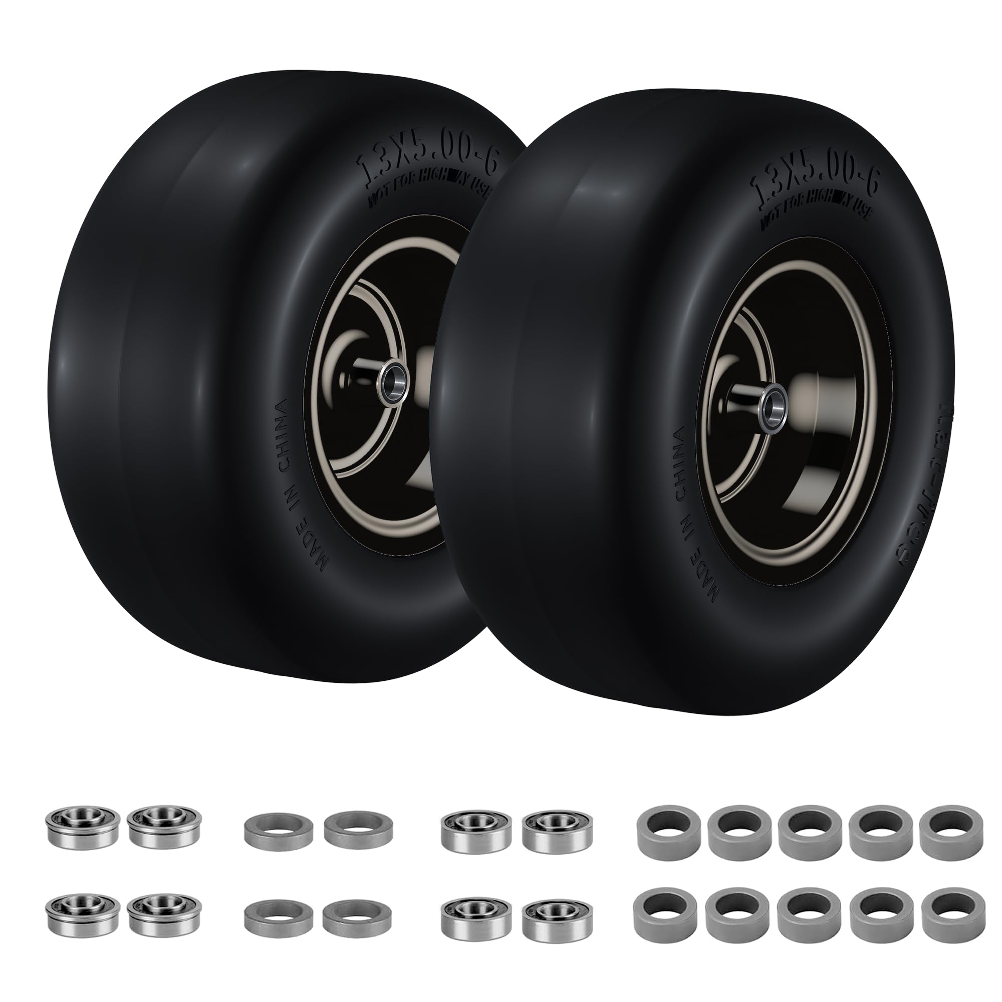 Photo 1 of 13x5.00-6 Flat-Free Solid Lawn Mower Tires 2-Pack | 500 lbs Capacity | 3/4" & 5/8" Bearing/Bushing | Fits Zero Turn Front, Riding Mowers & Tractors | Residential/Commercial Black Wheels