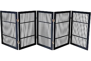Pet Dog Gate Strong and Durable Freestanding Folding Acacia Hardwood Portable Wooden Fence Indoors or Outdoors by Urnporium (Black Pet Gate, 5 Panel 30" Tall)