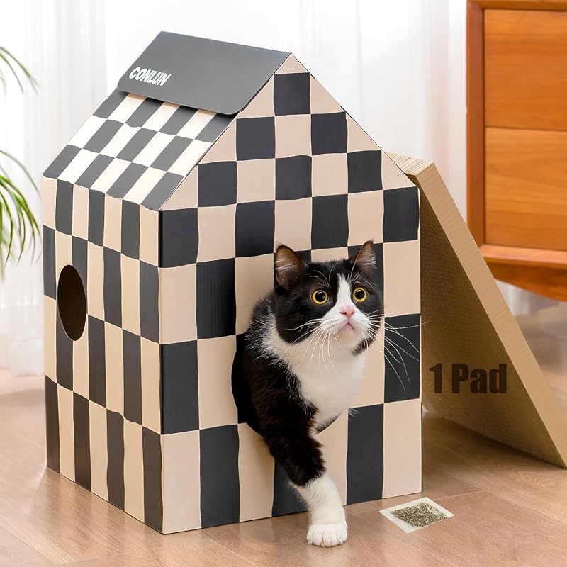 Conlun Cardboard Cat House with Scratching Board Medium 33Lx32Wx50H cm