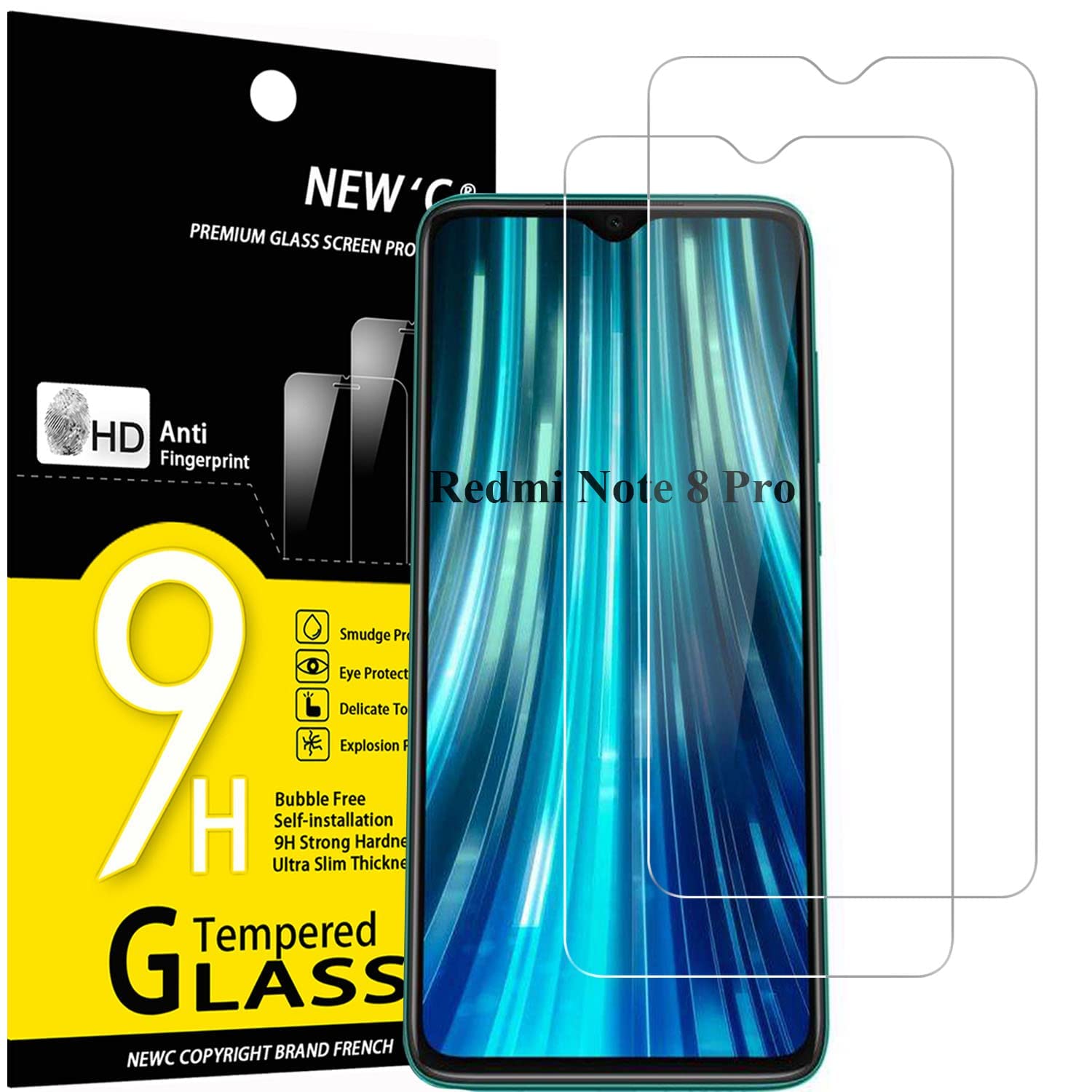 NEW'C 2 Pack Designed forXiaomi Redmi Note 8 Pro, Redmi 9, Screen Protector Tempered Glass,Case Friendly Scratch-proof, Bubble Free, Ultra Resistant