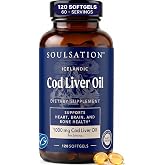 SOULSATION Icelandic Cod Liver Oil Softgels, Unflavored - 1000mg - Omega-3 Fatty Acids &amp; EPA &amp; DHA Supports Heart, Brain, and Bone Health &amp; Wellness, Gluten-Free - 120 Softgels for 60 Servings