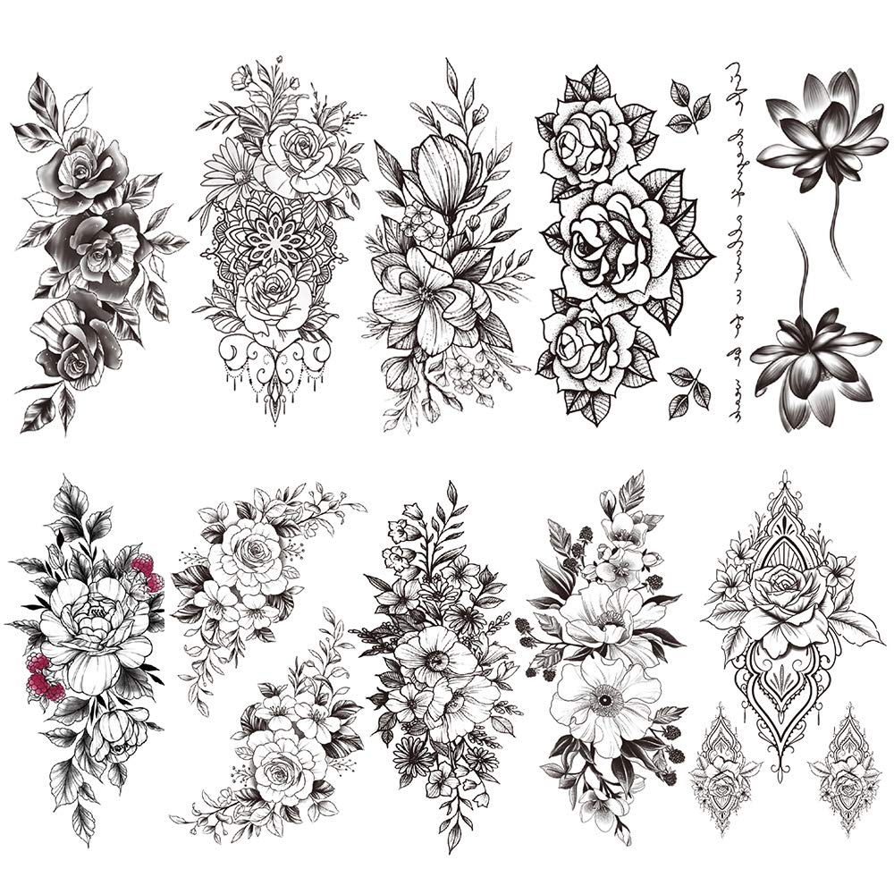 YesAllWas Black floral Tat sleeve temp tattoos - 4.5x8.26inches (LxW) with sexy arm body art, 10 sheets (pack of 1), Water Transfer Tattoos, Roses & Peonies