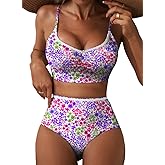Herseas Women's Ruched Bikini Sets Two Piece Allover Printed Swimsuits High Waisted Bathing Suits