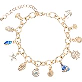 Gold Ocean Charm Bracelet for Women Dangle Gold Seashell Starfish Conch Ship Anchor Pendant Link Bracelet Bohemian Sea Shell Bracelets Adjustable Boho Summer Beach Vacation Jewelry for Women