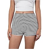 MakeMeChic Women's Striped Shorts Crochet Knit Pajama Micro Mini Boxer Lounge Shorts Summer Bottoms