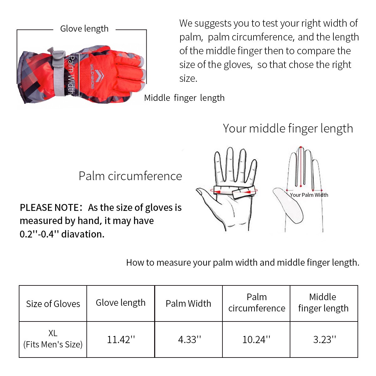WILD SNOW Men\'s Ski Gloves Winter Waterproof Windproof Glove for Cycling Snowboarding and Working Size XL (Red3)