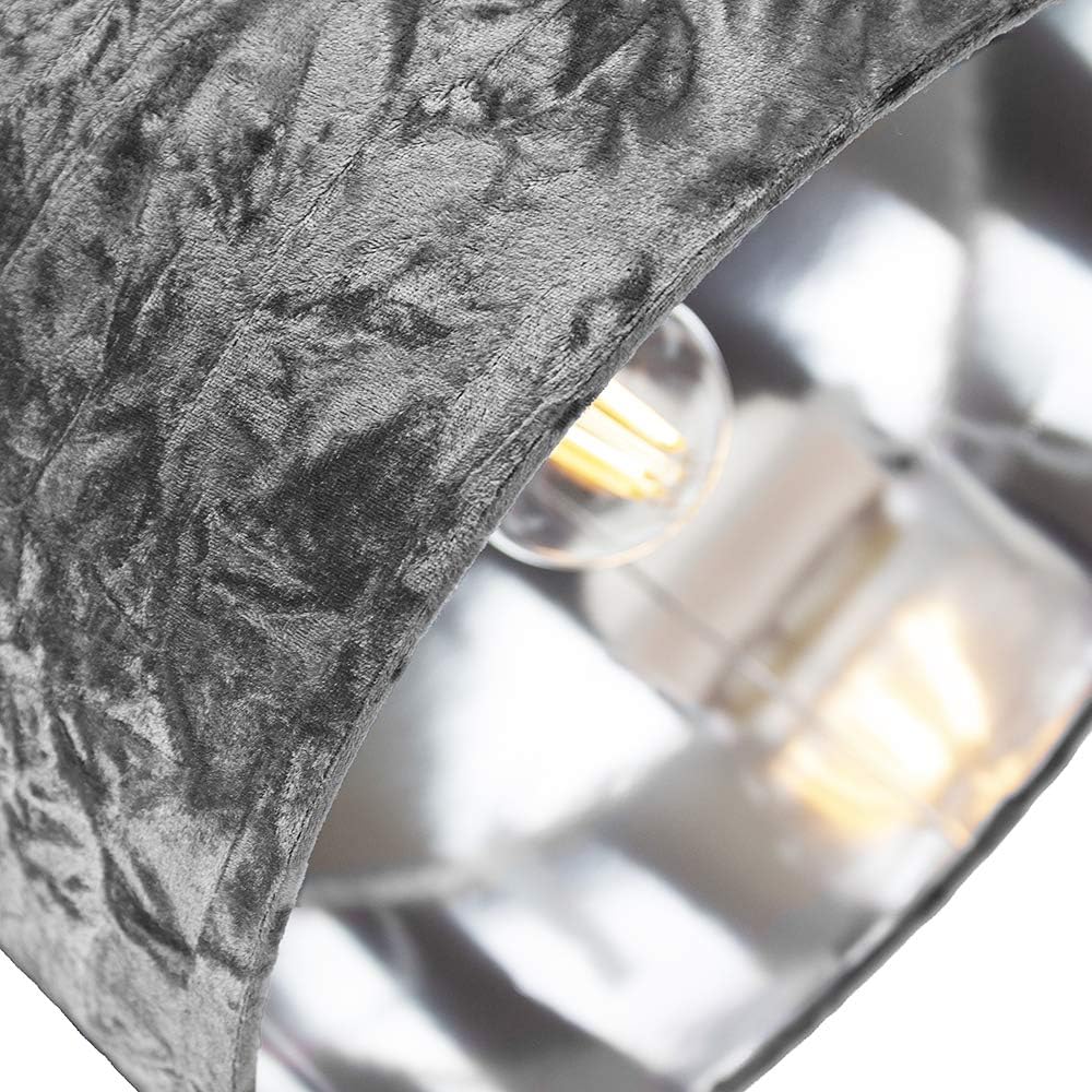 Modern and On-Trend Silver/Grey Crushed Velvet Fabric 12" Table or Pendant Circular Drum Lampshade with Shiny Silver Inner - Image 3