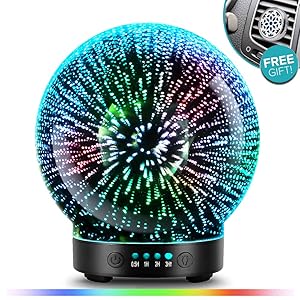 3D Glass Aromatherapy Essential Oil Diffuser – Newest Version fragrance oil Humidifier, 7 LED Color lighting modes firework theme, Premium Ultrasonic mist, Auto-Off Safety Switch, Car Vent Clip