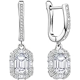 Dangle Hoop Earrings with Square Cz Charm Sterling Silver Princess Cut Cubic Zirconia Bridal Halo Dangle Earrings Wedding Sparkling Crystal Jewelry for Women Mother's Day Gifts for Mom Daughter