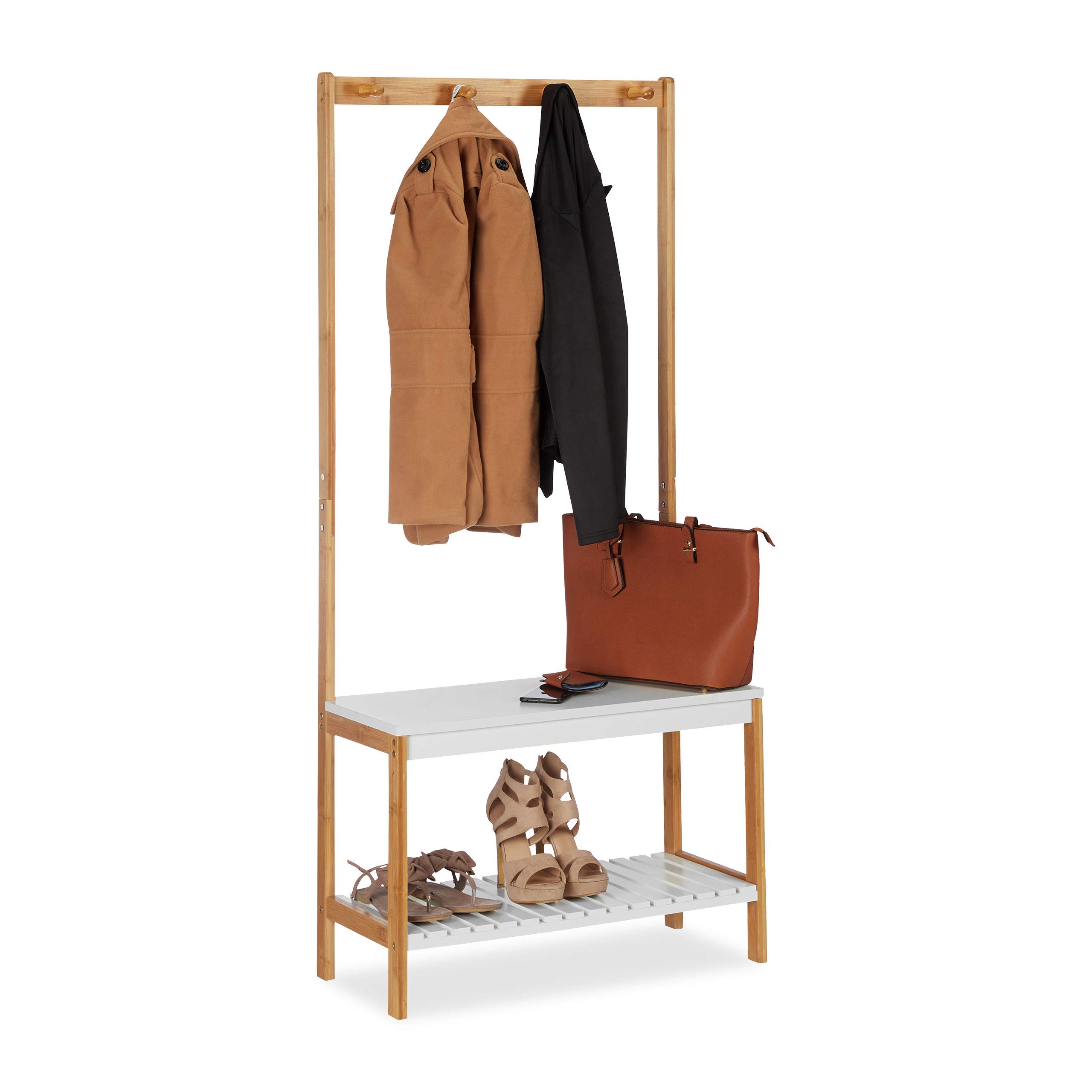Relaxdays Coat Stand with Shoe Rack, 4 Clothes Hooks, Shelf, Bamboo & MDF, HWD 150 x 70.5 x 30 cm, Natural-White