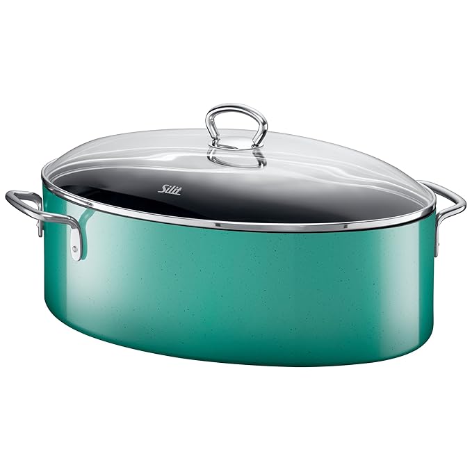 Silit Nature Green Bräter oval mit Glasdeckel 36x25,5x20 cm, Silargan Funktionskeramik, induktionsgeeignet, spülmaschinenegee