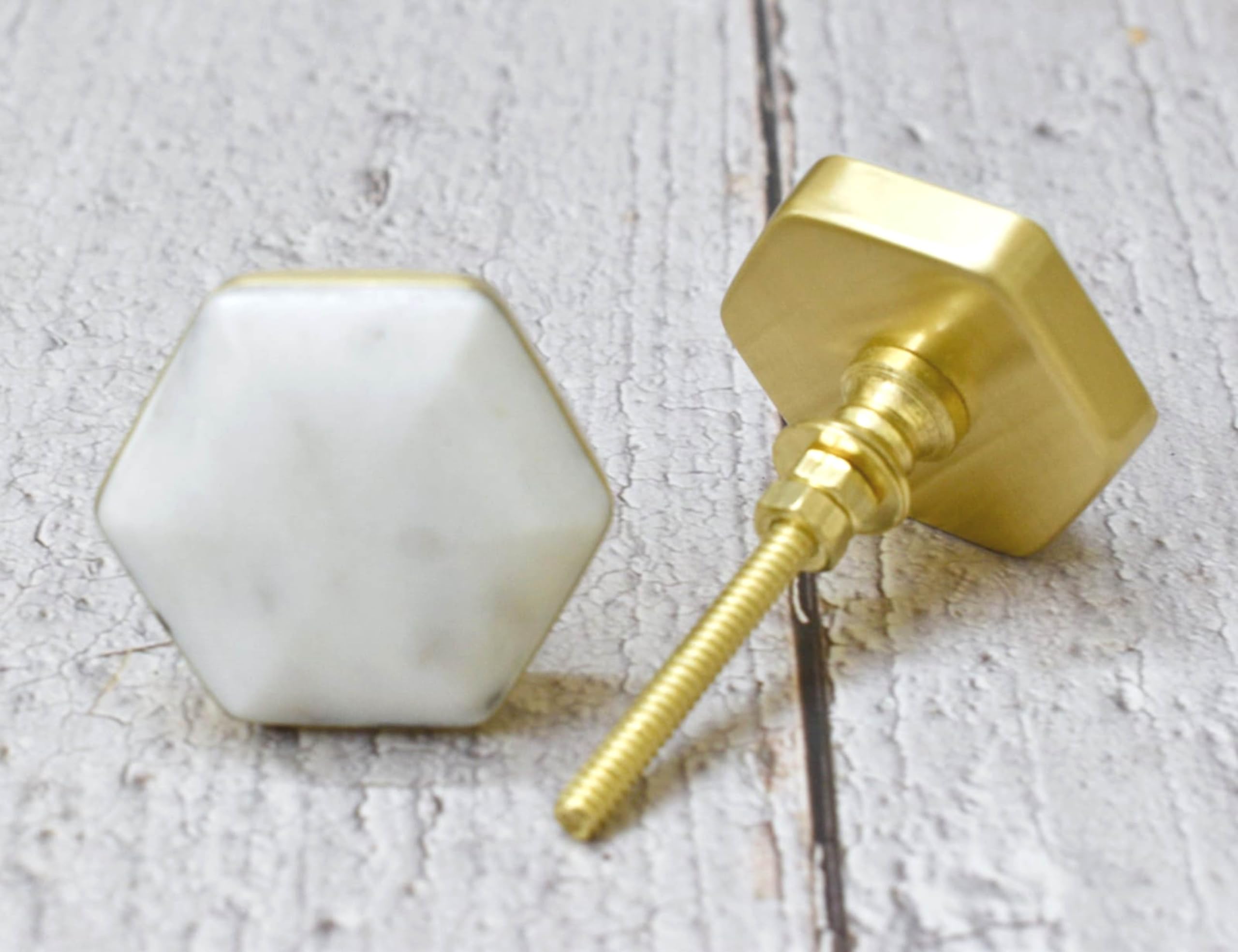 ARTISNO Hexa Marble Brass Knob, Modern Cabinet Knob, Decorative Hardware, Furniture Hardware, Cabinet Handles, Dresser Pull (Hexa White Gold), Set-6 — image 1