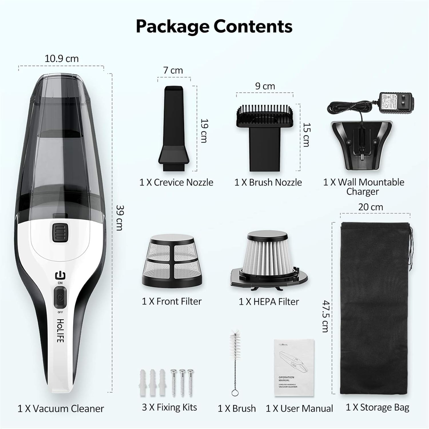 Holife HLHM218BWUS, Hand Cyclonic Suction, Handheld Vacuum Cordless Powered with Rechargeable Quick Charge Tech, Lightweight Dry Vac for Home and Car Cleaning (White): Home & Kitchen