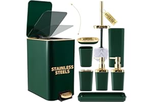 XLHOMO Bathroom Set Bathroom Accessories Set 8 Piece Green and Gold Bathroom Set, Bathroom Sets with Stainless Steel Trash Can,Toilet Brush,Toothbrush Set,Soap Dispenser