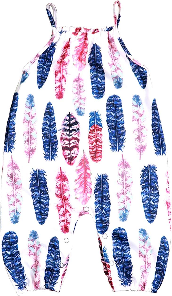 Toddler Infant Baby Girls Summer Sleeveless Feather Patterns Romper Sling Jumpsuit Outfit