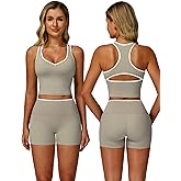 ABOCIW Workout Sets for Women 2 Piece Color Block V Neck Racerback Tank Top Built in Bra High Waist Shorts