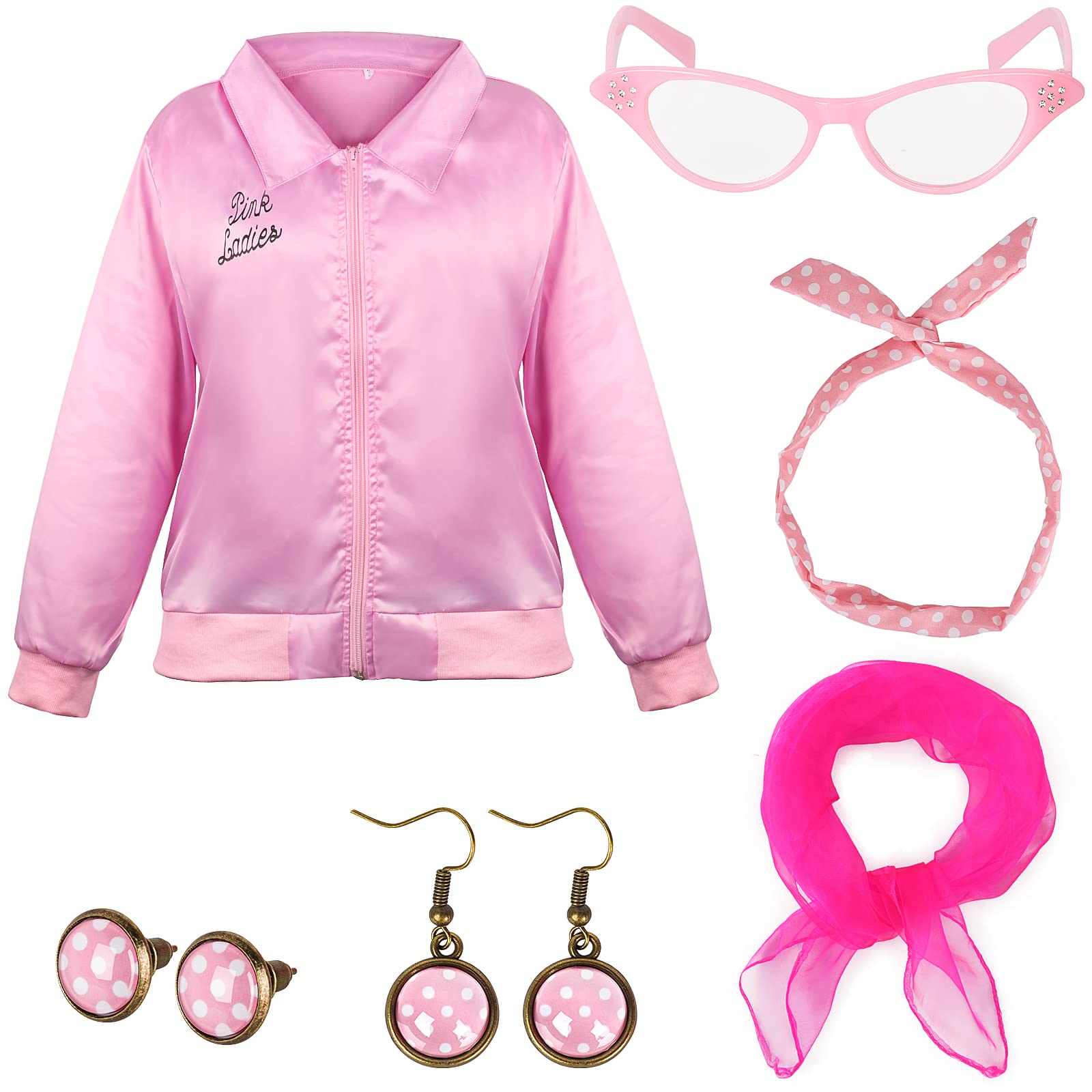Fowecelt Pink Ladies Jacket - Grease Fancy Dress and 1950s Accessories for Women, 50s Costume Adults Outfit