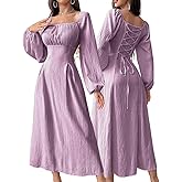 Narecte Fall Dresses for Women Elegant Long Sleeve Maxi Dress Square Neck Back Tie Casual Dresses